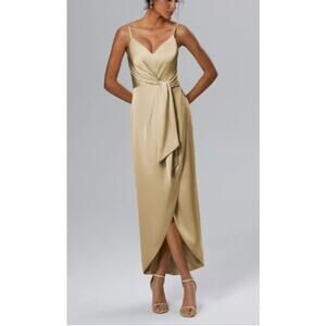 AW BRIDAL 12 L light gold Leonora faux wrap tulip hi low maxi dress NEW B75